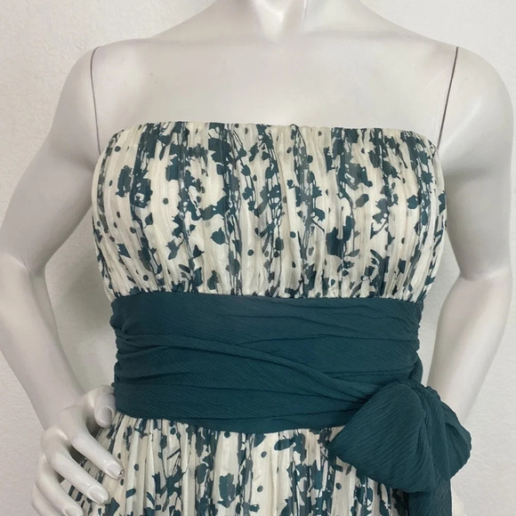 BCBGMaxAzria Green White Floral 100% Silk Strapless Maxi Dress Size 6 - Picture 3 of 10